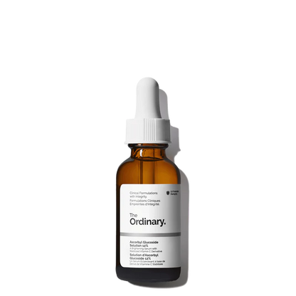 The Ordinary Ascorbyl Glucoside Solution 12% 30ml clear glass bottle with a dropper, showcasing the lightweight water-based brightening serum