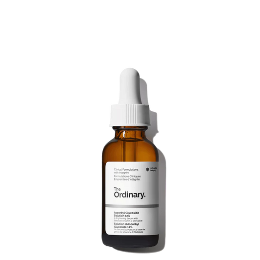 The Ordinary Ascorbyl Glucoside Solution 12% 30ml clear glass bottle with a dropper, showcasing the lightweight water-based brightening serum