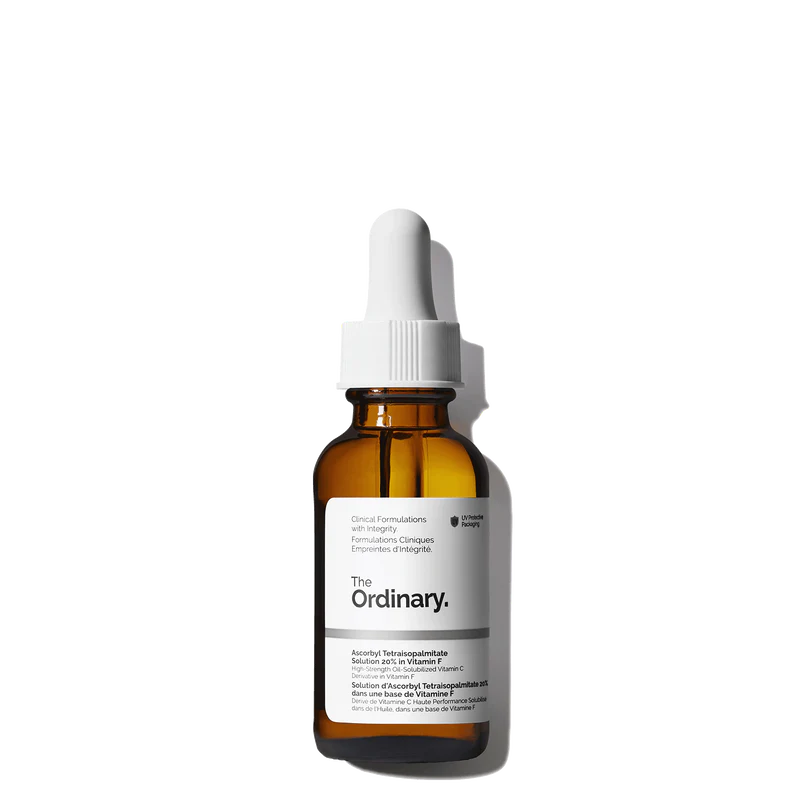 The Ordinary Ascorbyl Tetraisopalmitate Solution 20% in Vitamin F 30ml amber glass bottle with a dropper, containing a clear, high-strength Vitamin C brightening oil.