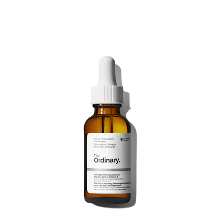 The Ordinary Ascorbyl Tetraisopalmitate Solution 20% in Vitamin F 30ml amber glass bottle with a dropper, containing a clear, high-strength Vitamin C brightening oil.