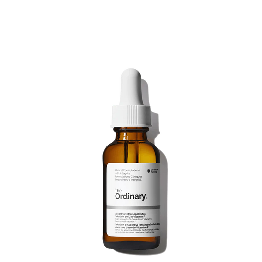 The Ordinary Ascorbyl Tetraisopalmitate Solution 20% in Vitamin F 30ml amber glass bottle with a dropper, containing a clear, high-strength Vitamin C brightening oil.