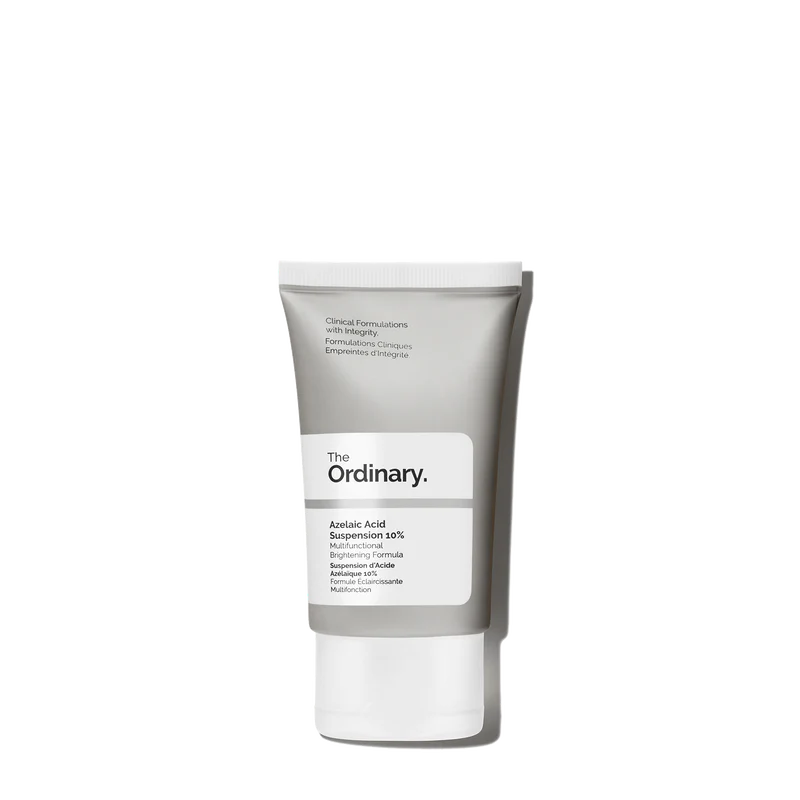 The Ordinary Azelaic Acid Suspension 10% 30ml tube on a white clinical background, showcasing the matte-finish packaging.