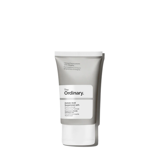 The Ordinary Azelaic Acid Suspension 10% 30ml tube on a white clinical background, showcasing the matte-finish packaging.