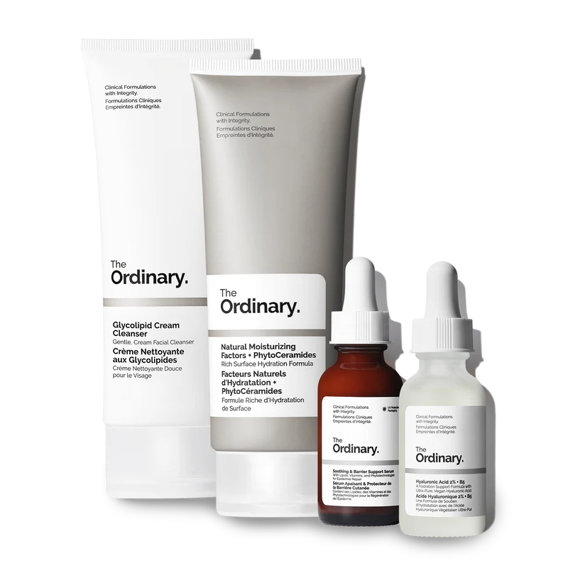 The Ordinary Barrier Support Collection set featuring the Glycolipid Cleanser, the pink Soothing Serum, Hyaluronic Acid 2% + B5, and NMF + PhytoCeramides on a clean white background.
