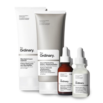 The Ordinary Barrier Support Collection set featuring the Glycolipid Cleanser, the pink Soothing Serum, Hyaluronic Acid 2% + B5, and NMF + PhytoCeramides on a clean white background.