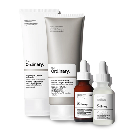 The Ordinary Barrier Support Collection set featuring the Glycolipid Cleanser, the pink Soothing Serum, Hyaluronic Acid 2% + B5, and NMF + PhytoCeramides on a clean white background.