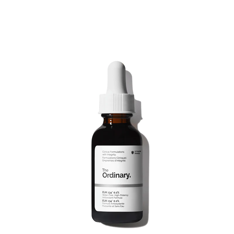 The Ordinary EUK 134 0.1% 30ml amber glass bottle with a dropper, featuring a potent, self-regenerating antioxidant serum for a radiant complexion.