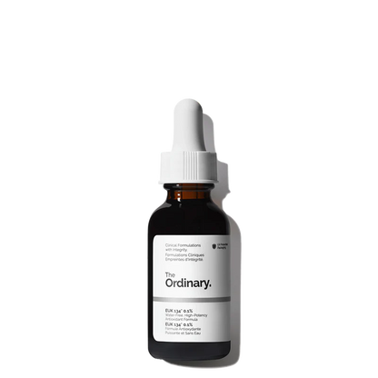 The Ordinary EUK 134 0.1% 30ml amber glass bottle with a dropper, featuring a potent, self-regenerating antioxidant serum for a radiant complexion.