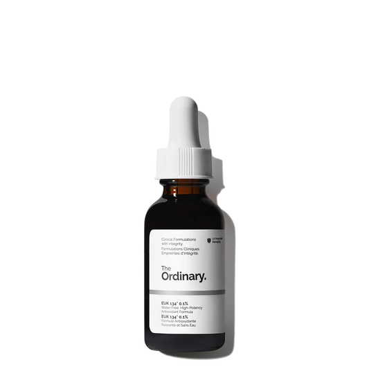 The Ordinary EUK 134 0.1% 30ml amber glass bottle with a dropper, featuring a potent, self-regenerating antioxidant serum for a radiant complexion.