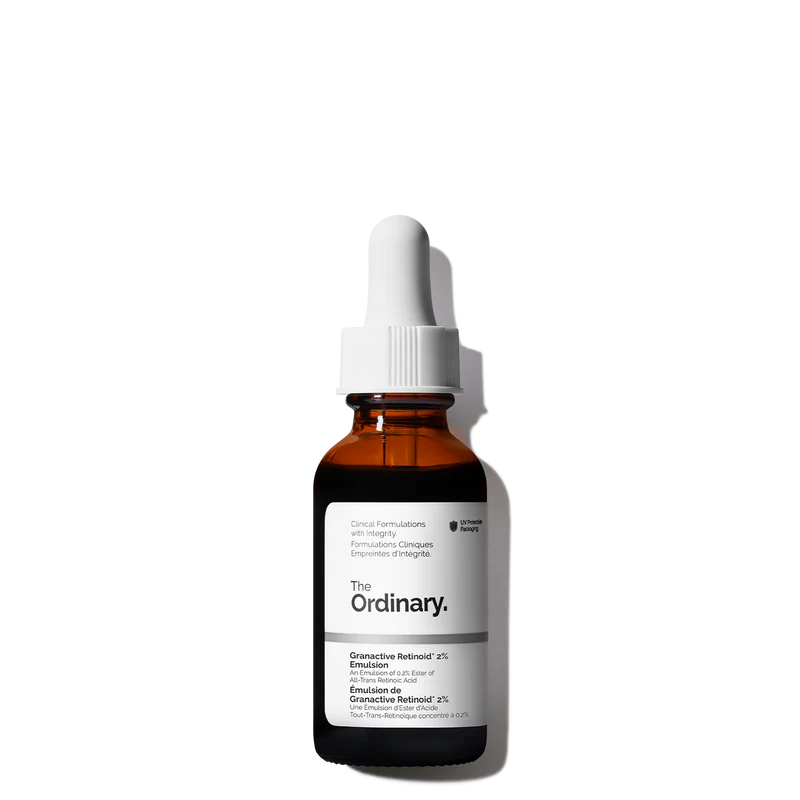 The Ordinary Granactive Retinoid 2% Emulsion 30ml bottle, showing the creamy, off-white milky serum against a minimalist white background.