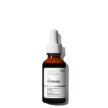 The Ordinary Granactive Retinoid 2% Emulsion 30ml bottle, showing the creamy, off-white milky serum against a minimalist white background.