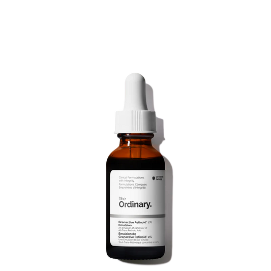 The Ordinary Granactive Retinoid 2% Emulsion 30ml bottle, showing the creamy, off-white milky serum against a minimalist white background.
