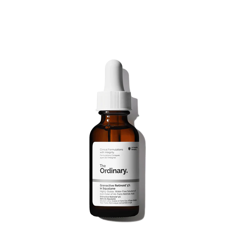 The Ordinary Granactive Retinoid 5% in Squalane 30ml amber bottle with a dropper, containing a clear, lightweight oil-like anti-aging solution.
