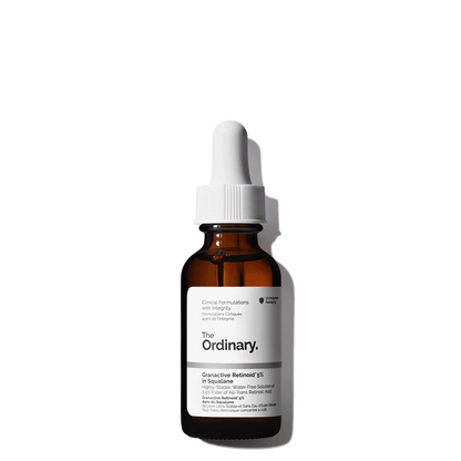 The Ordinary Granactive Retinoid 5% in Squalane 30ml amber bottle with a dropper, containing a clear, lightweight oil-like anti-aging solution.
