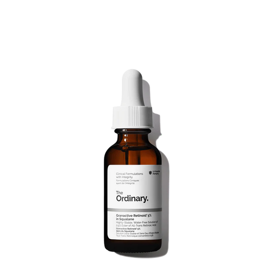The Ordinary Granactive Retinoid 5% in Squalane 30ml amber bottle with a dropper, containing a clear, lightweight oil-like anti-aging solution.