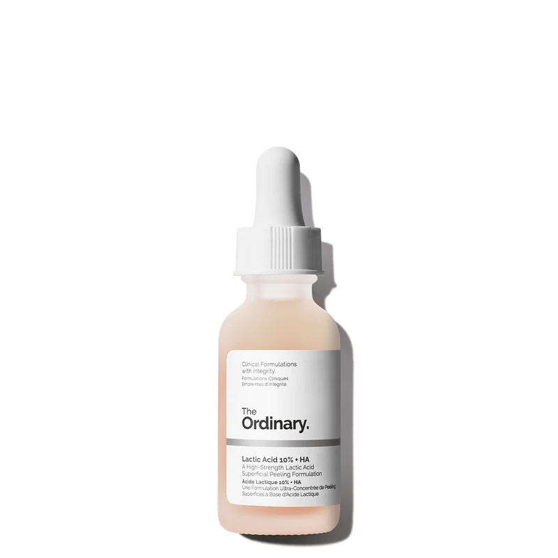 The Ordinary Lactic Acid 10% + HA 30ml bottle with a dropper, containing a clear, slightly peach-tinted water-based exfoliating serum.