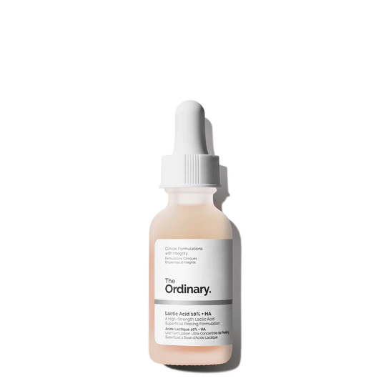The Ordinary Lactic Acid 10% + HA 30ml bottle with a dropper, containing a clear, slightly peach-tinted water-based exfoliating serum.
