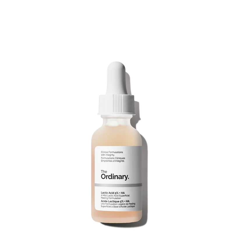 The Ordinary Lactic Acid 5% + HA 30ml dropper bottle, a mild chemical exfoliator for brightening sensitive and dry skin types