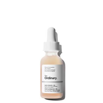 The Ordinary Lactic Acid 5% + HA 30ml dropper bottle, a mild chemical exfoliator for brightening sensitive and dry skin types