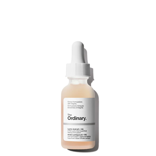 The Ordinary Lactic Acid 5% + HA 30ml dropper bottle, a mild chemical exfoliator for brightening sensitive and dry skin types