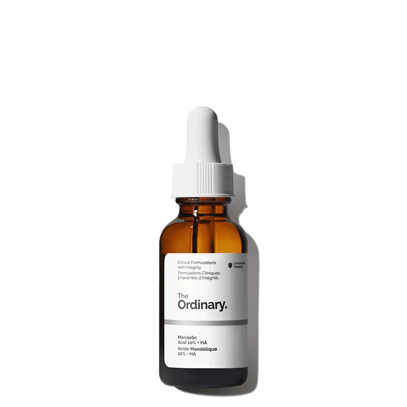 The Ordinary Mandelic Acid 10% + HA 30ml amber bottle with a dropper, containing a clear, gentle water-based exfoliating serum for sensitive skin.