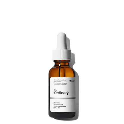 The Ordinary Mandelic Acid 10% + HA 30ml amber bottle with a dropper, containing a clear, gentle water-based exfoliating serum for sensitive skin.