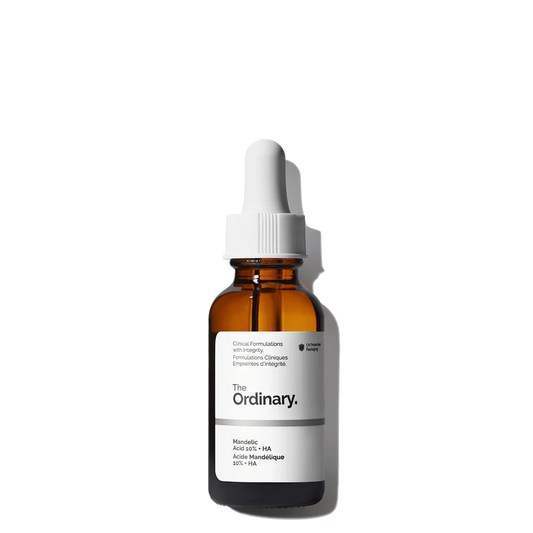 The Ordinary Mandelic Acid 10% + HA 30ml amber bottle with a dropper, containing a clear, gentle water-based exfoliating serum for sensitive skin.
