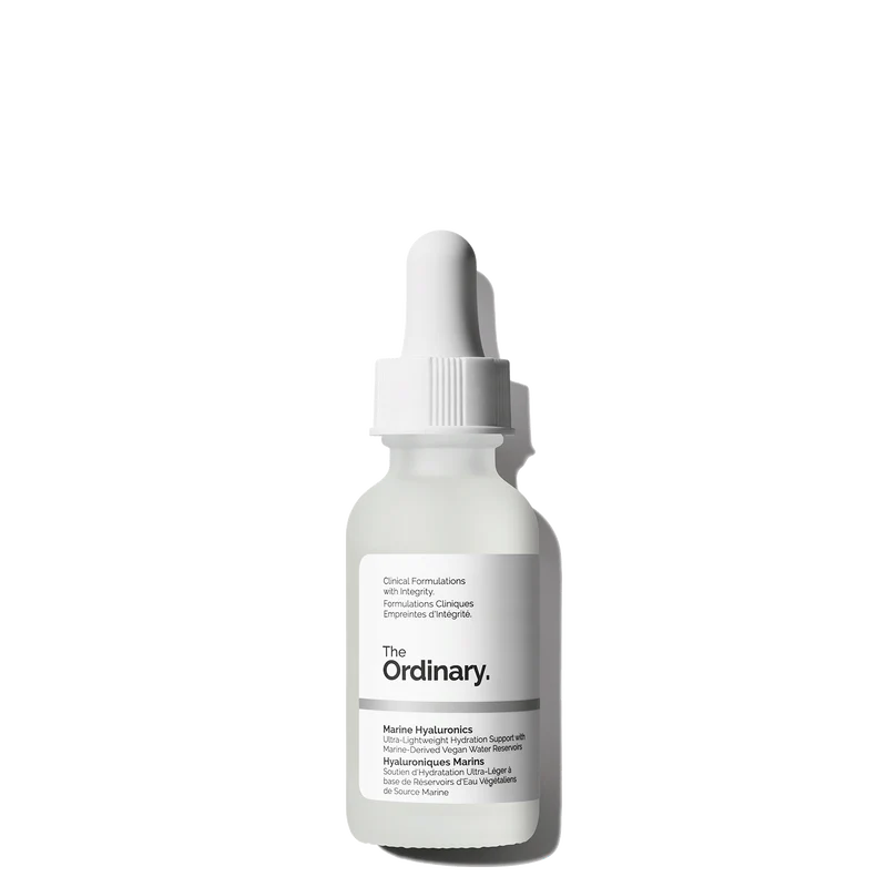 The Ordinary Marine Hyaluronics 30ml bottle with a dropper, showing the crystal-clear, water-thin liquid against a minimalist clinical background.