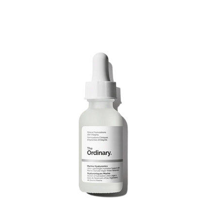 The Ordinary Marine Hyaluronics 30ml bottle with a dropper, showing the crystal-clear, water-thin liquid against a minimalist clinical background.