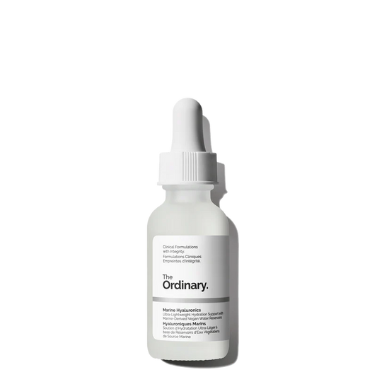 The Ordinary Marine Hyaluronics 30ml bottle with a dropper, showing the crystal-clear, water-thin liquid against a minimalist clinical background.