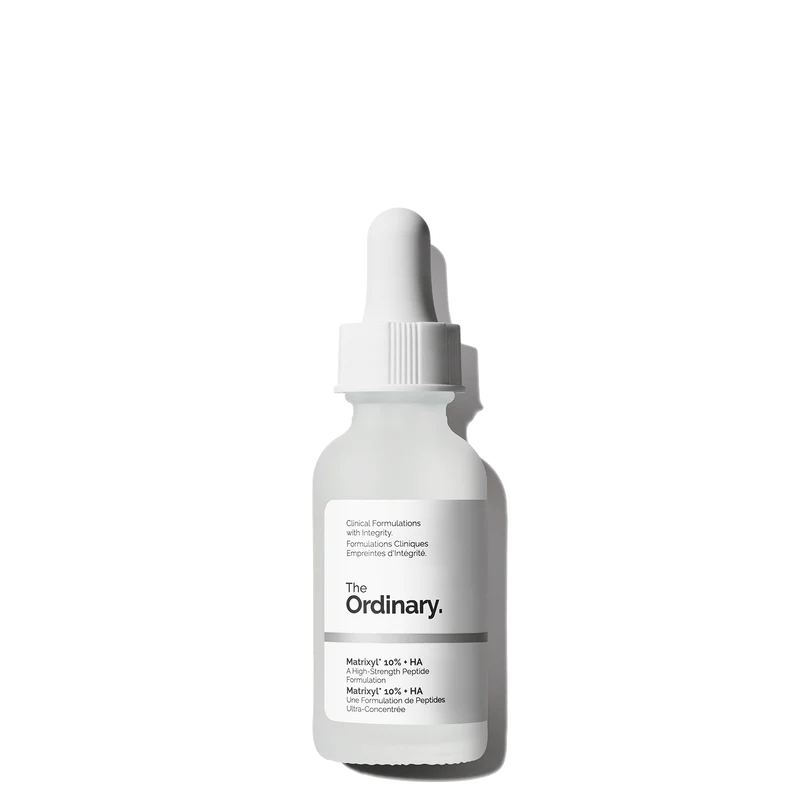 The Ordinary Matrixyl 10% + HA 30ml bottle with a dropper, showing the clear, viscous peptide serum on a clinical white background.