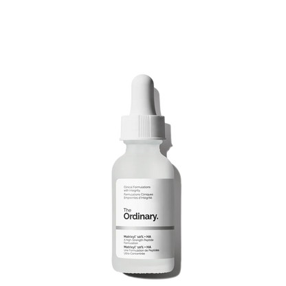 The Ordinary Matrixyl 10% + HA 30ml bottle with a dropper, showing the clear, viscous peptide serum on a clinical white background.