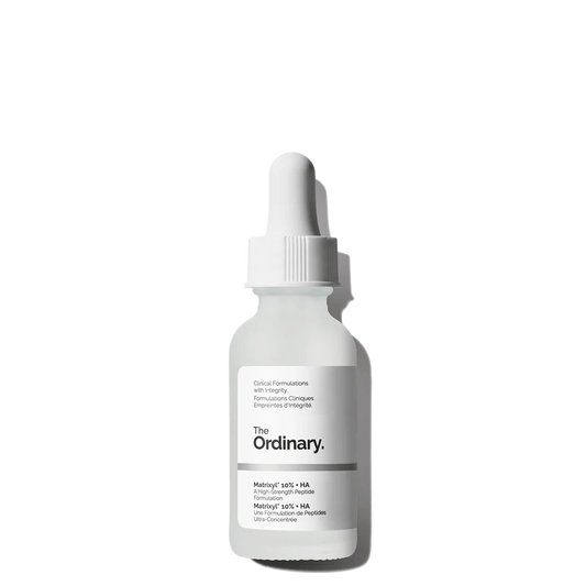The Ordinary Matrixyl 10% + HA 30ml bottle with a dropper, showing the clear, viscous peptide serum on a clinical white background.