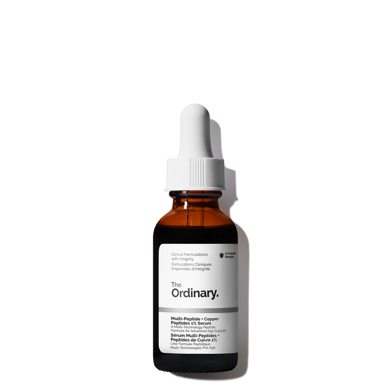 The Ordinary Multi-Peptide + Copper Peptides 1% Serum bottle showing the characteristic blue liquid against a white clinical background.