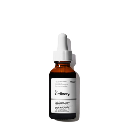 The Ordinary Multi-Peptide + Copper Peptides 1% Serum bottle showing the characteristic blue liquid against a white clinical background.