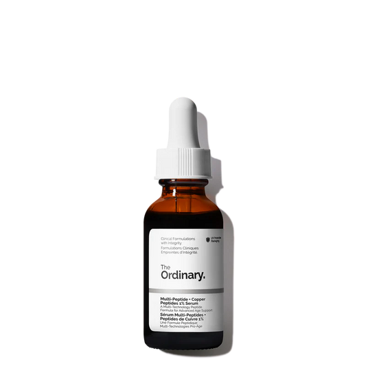 The Ordinary Multi-Peptide + Copper Peptides 1% Serum bottle showing the characteristic blue liquid against a white clinical background.