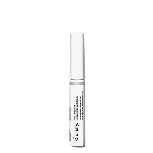 The Ordinary Multi-Peptide Lash and Brow Serum 5ml tube with a fine-tip precision applicator brush on a clean white background.