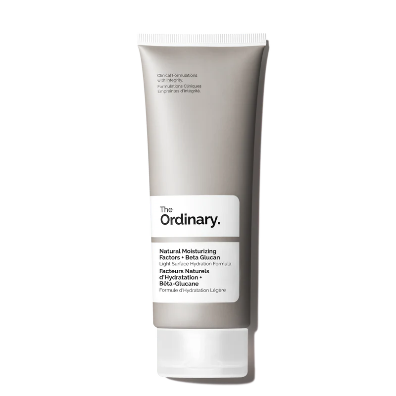 The Ordinary Natural Moisturizing Factors + Beta Glucan 100ml tube on a clinical white background, highlighting the clear gel formula.
