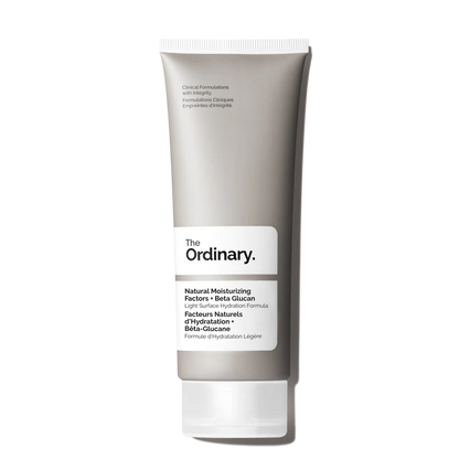 The Ordinary Natural Moisturizing Factors + Beta Glucan 100ml tube on a clinical white background, highlighting the clear gel formula.