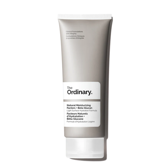 The Ordinary Natural Moisturizing Factors + Beta Glucan 100ml tube on a clinical white background, highlighting the clear gel formula.