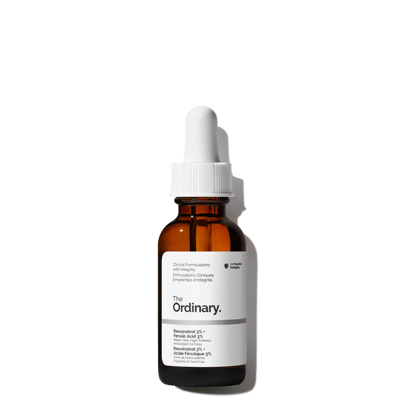 The Ordinary Resveratrol 3% + Ferulic Acid 3% 30ml amber bottle with a dropper, containing a clear, water-free antioxidant serum.