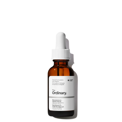 The Ordinary Resveratrol 3% + Ferulic Acid 3% 30ml amber bottle with a dropper, containing a clear, water-free antioxidant serum.