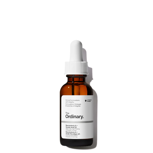 The Ordinary Resveratrol 3% + Ferulic Acid 3% 30ml amber bottle with a dropper, containing a clear, water-free antioxidant serum.