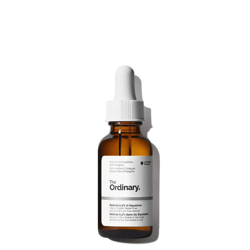 The Ordinary Retinol 0.2% in Squalane 30ml amber bottle with a dropper, containing a clear, mild water-free anti-aging solution for beginners.