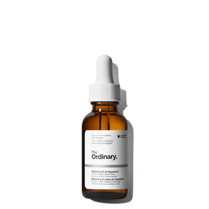 The Ordinary Retinol 0.2% in Squalane 30ml amber bottle with a dropper, containing a clear, mild water-free anti-aging solution for beginners.