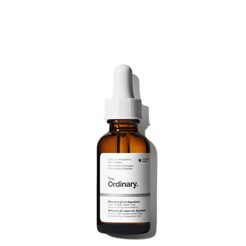The Ordinary Retinol 0.5% in Squalane 30ml amber bottle with a dropper, containing a clear, water-free moderate-strength anti-aging solution.