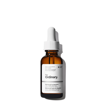 The Ordinary Retinol 0.5% in Squalane 30ml amber bottle with a dropper, containing a clear, water-free moderate-strength anti-aging solution.