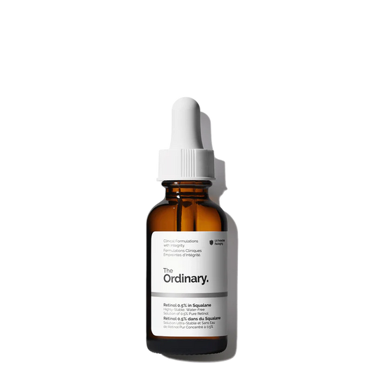 The Ordinary Retinol 0.5% in Squalane 30ml amber bottle with a dropper, containing a clear, water-free moderate-strength anti-aging solution.