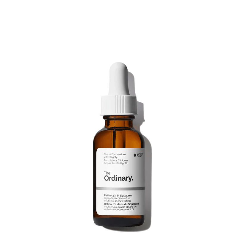 The Ordinary Retinol 1% in Squalane 30ml amber bottle with a dropper, containing a clear, water-free anti-aging solution.