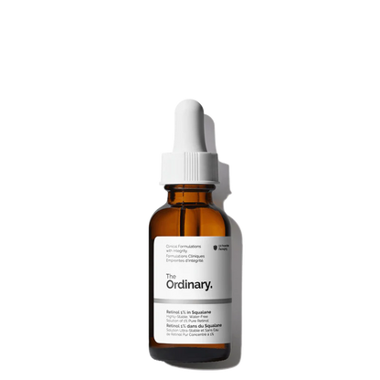 The Ordinary Retinol 1% in Squalane 30ml amber bottle with a dropper, containing a clear, water-free anti-aging solution.